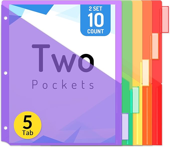 Forvencer 10 Count Dividers with Pockets, 5 Tab Dividers for 3 Ring Binder with Pockets, Subject Dividers with Pockets, Premium Quality Notebook Dividers with Pockets, Multicolor, 2 Sets