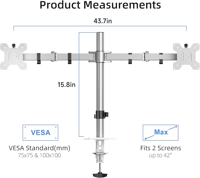 Suptek Dual Monitor Desk Mount, Adjustable Dual Monitor Arm for 2 Monitor Screens up to 42 inch, Extra Tall 15.75" Pole Monitor Stand for Desk, Holds up to 22 lbs,Silver(MD9442LS)