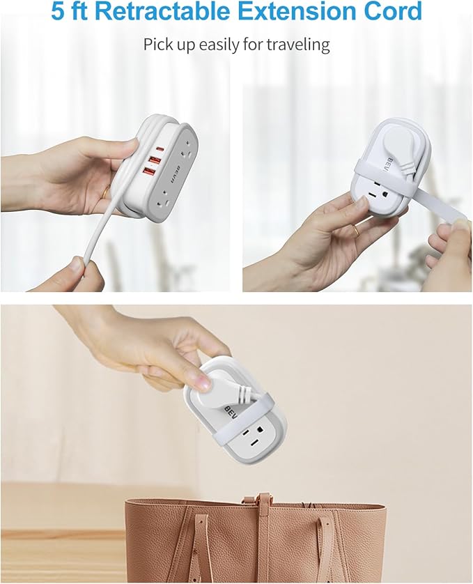 BEVA Travel Power Strip, Flat Plug Power Strip with Retractable USB C Cable, 5 FT Short Extension Cord with 2 AC Outlets 3 USB Ports(1 USB C), Small Portable Travel Accessories, Cruise Ship Essentials