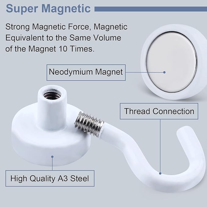 DIYMAG Magnetic Utility Hooks, 30Lbs Heavy Duty Rare Earth Neodymium Magnet Hooks with Nickel Coating for Kitchen, Garage, Cruise, Classroom, Workplace and Office etc, 3 Packs (White)