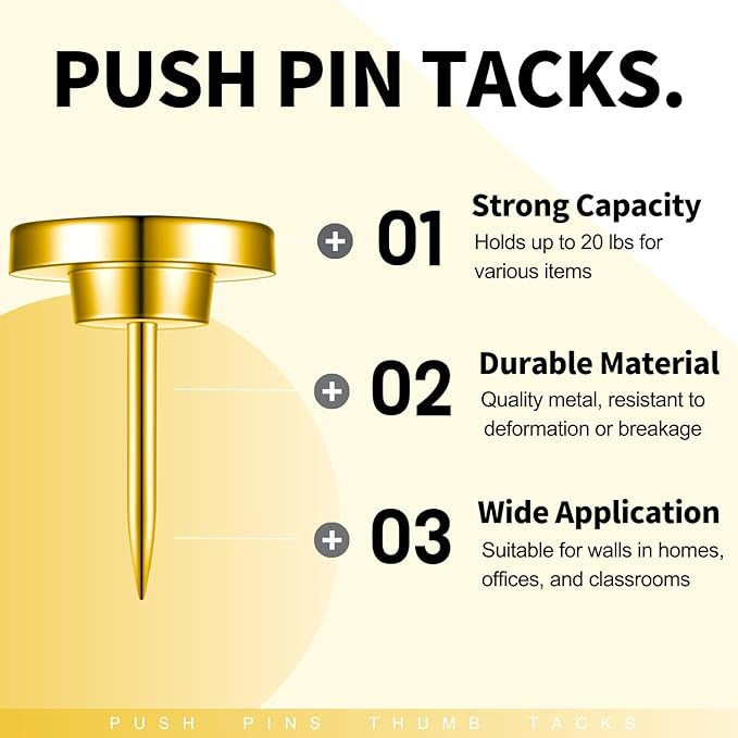 30 PCS Metal Gold Push Pins for Wall Clear Thumb Tacks for Walls Flat thumbtacks Push pin for Bulletin Board Shadow Box Display Thumbtack for Cork Board (Gold)