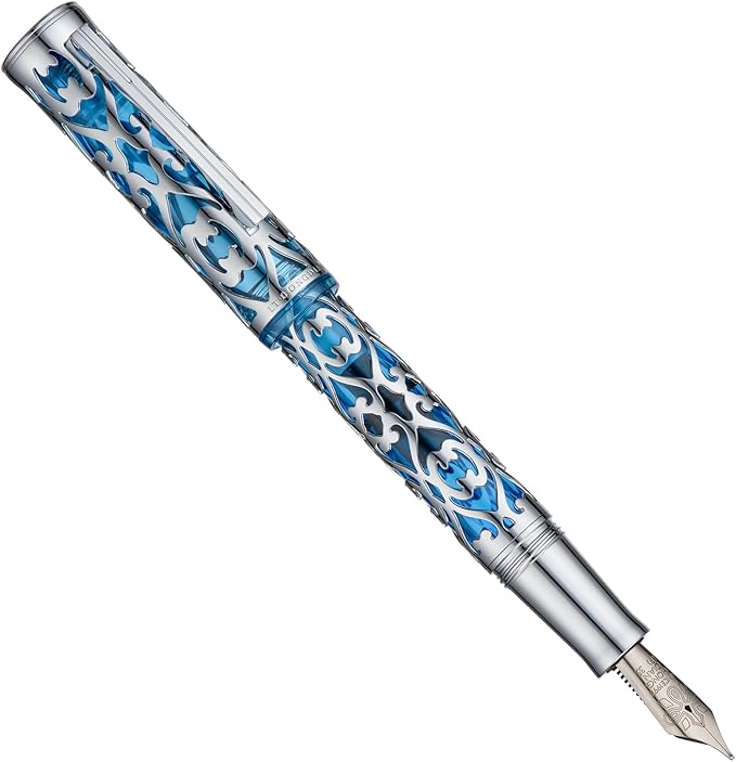 Hongdian D1 Piston Fountain Pen Fine Soft Nib, Silver Blue Hollow Skeleton & Resin Pen with Metal Case Set