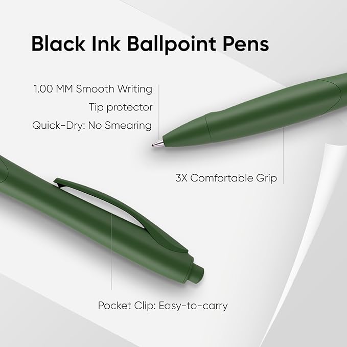 BallPoint Pens, 30 Pack (BLACK Ink),Bulk Pens, Green Barrel,Click Pens for Office Home and School, Retractable Ballpoint Pens, Medium Point, 1.00MM (Green)