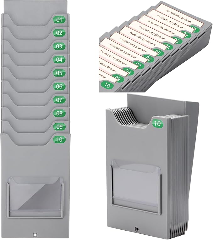 Time Card Holder, 10-Slot Attendance Card Rack, Easy to Hang, Retractable Time Card Wall Holder Rack with Number Labels 01-10