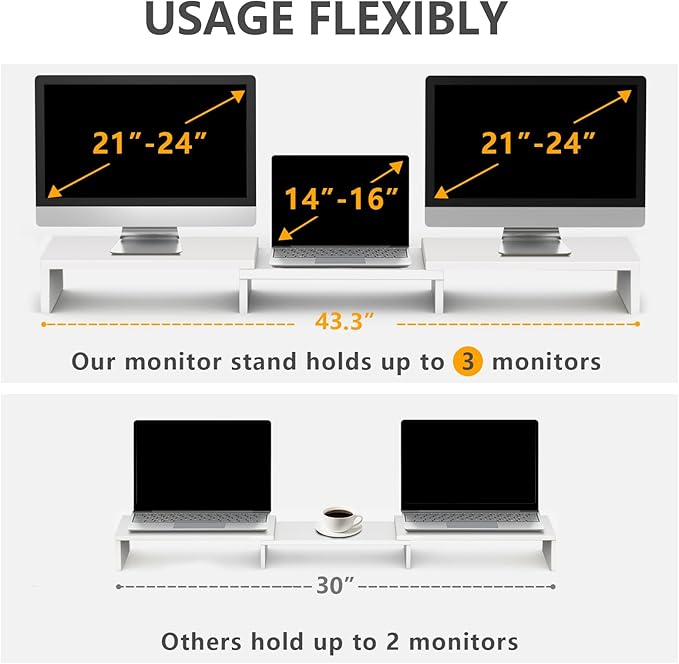 TAVR Furniture Dual Monitor Stand Riser, Computer Monitor Stands for 2 Monitors, Extra Long Multifunctional Desktop Organizer Riser for Computer, Laptop, PC, Printer, TV, Max 43.3" Length, White