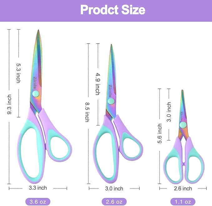 Craft Scissors Set of 3 pack, Sharp Rainbow Titanium Coating All Purpose Scissors, Ergonomic Semi-Soft Rubber Grip, Suitable for School, Office and Household Use, 9.2''/8.5''/5.6"