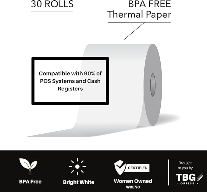 3 1/8” x 230' Thermal Paper Rolls - BPA FREE – MADE IN USA - Receipt paper rolls – Point of Sale Cash Register - Thermal printer paper - Credit Card Paper - for POS systems (1 Case - 30 Rolls)
