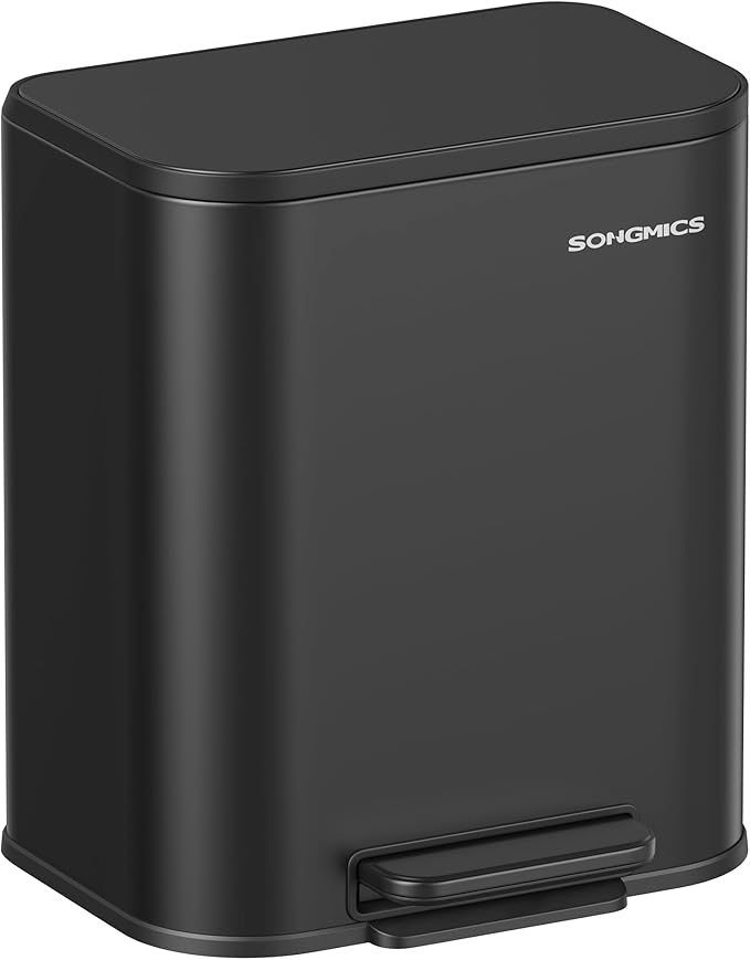 SONGMICS Kitchen Trash Can, 5.2-Gallon (20L) Garbage Can with Lid, Stainless Steel, Soft Close and Stays Open, Inner Bucket, Wide Non-Slip Pedal, Ink Black ULTB542B20