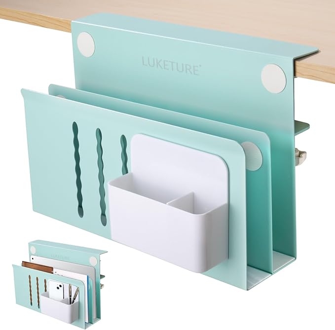 LUKETURE Desk Side Storage, 2 Tier Steel Hanging Organizer, No Drill Side Desk Organizer, Laptop Holder, with Pen Holder, Hanging Table Storage for Office and Home (Blue, L(2 Tier))