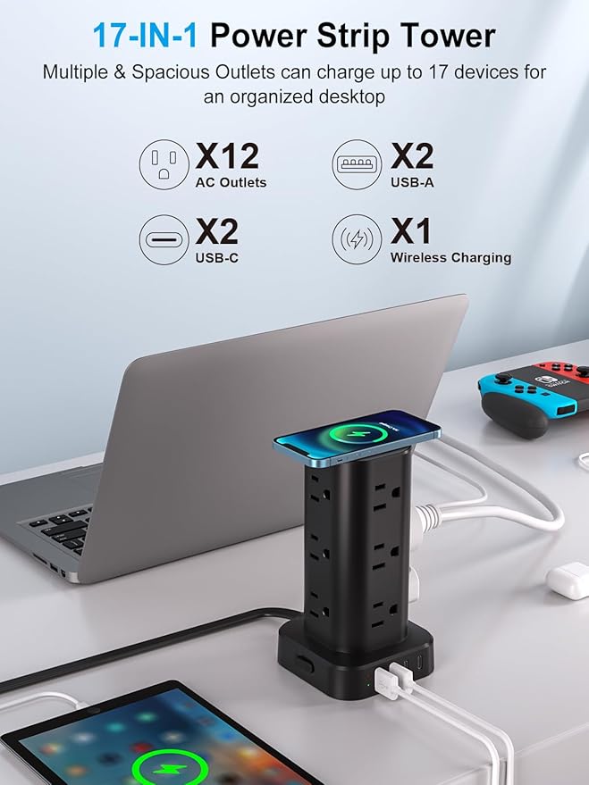 Power Strip with Wireless Charger, Flat Plug Surge Protector with 6FT Extension Cord, 12 AC Multiple Outlets, 4 USB (2 USB C), 15W Wireless Charging Power Tower for Home Office Dorm, Black