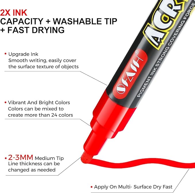 SFAIH Acrylic Creative Markers - 3mm Replaceable Nibs 36 Colors, Large Ink Capacity, Ultra-High Coverage, Non-Bleeding Water-Based Ink, Drawing Markers for Art Supplies, Wood, Fabric, Rock Painting