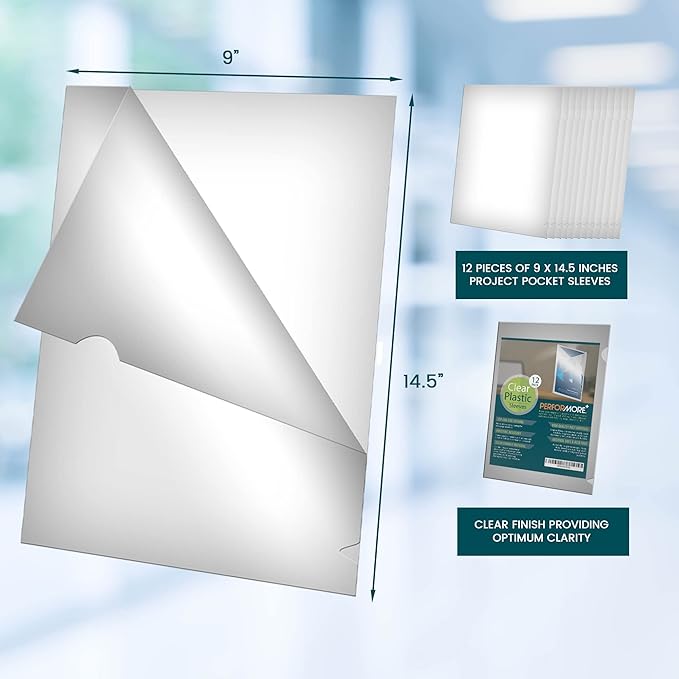 Performore 12 Pack of Clear Project Pocket Sleeves, 9" X 14.5" Legal Size Transparent Plastic Folder Protectors for Documents, Files and Papers, Premium Quality