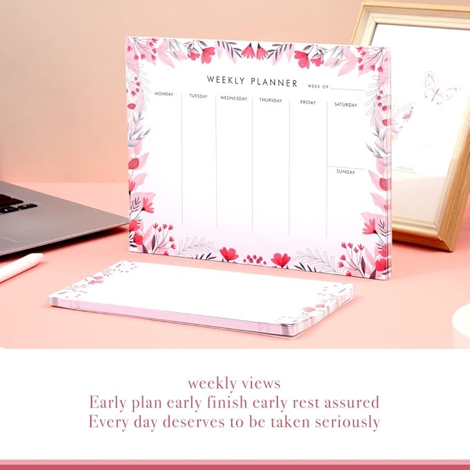 Weekly Planner Notepad Tear Off Set of 2 Weekly Calendar Pad 52 Undated To Do List Notepad Desk Planning Pads Productivity Tracker for Work School Home Goals Notes Schedule Ideas, Floral Pink
