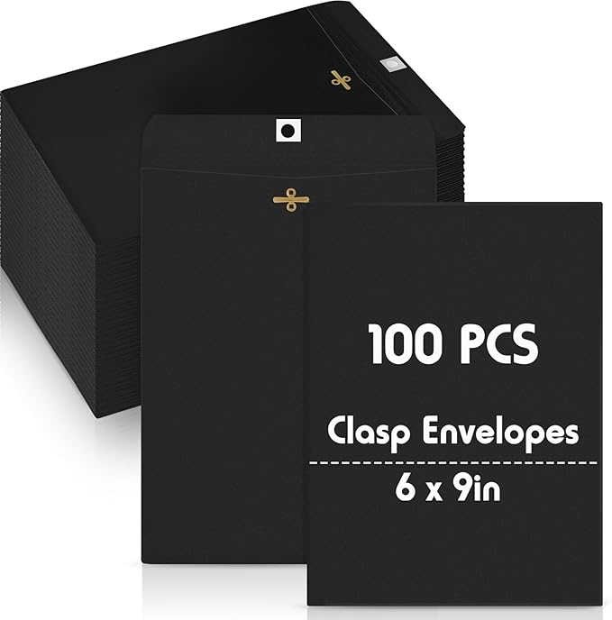 Geyee 100 Pcs Clasp Manilla Envelopes 6 x 9 Inch Gummed Colored Envelopes for Storing or Mailing for Home Office Business Supplies(Black)