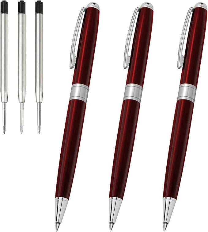 Cambond Ballpoint Pens Red Pen - Black Ink Fancy Pens for Journaling Gift Business Men Police Flight Attendants, Smooth Writing 1.0 mm Medium Point, 3 Pens with 3 Extra Refills (Red)