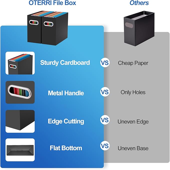 Oterri File Organizer, Small Storage Box, Cardboard File Folder Organizer, Collapsible File Box, Hanging File Organizer for Letter Size, Portable File Box with Handle, Only Box（Black，8 Packs）