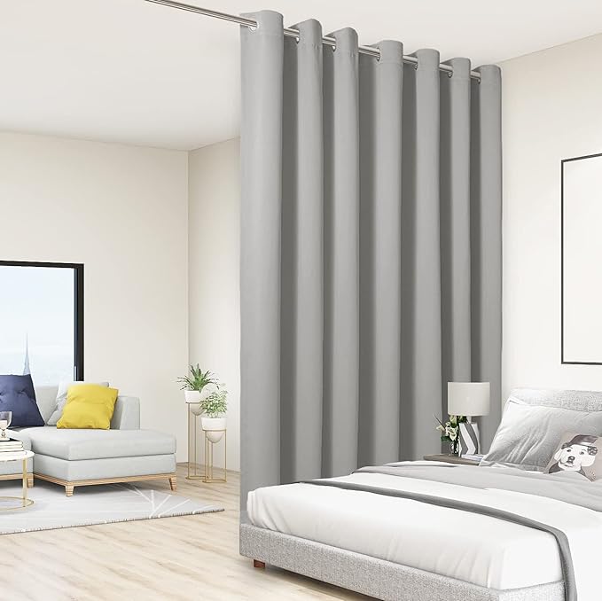 BONZER Room Divider Curtain Total Privacy Wall Extra Wide Grommet Room Darkening Curtains for Patio Sliding Glass Door, 96L x 150W Inch (8L x 12.5W ft), 1 Panel, Silver