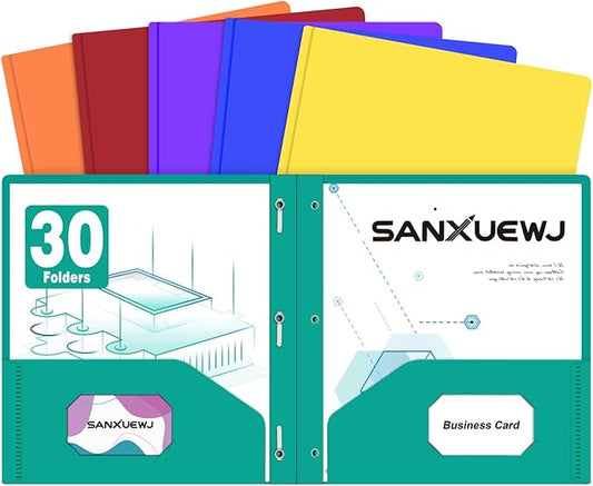 30 Pack Two Pocket Folders Business Card Holder Plastic Folders with Prongs for School Office Filing Cabinet Resume Portfolio (6 Colors)