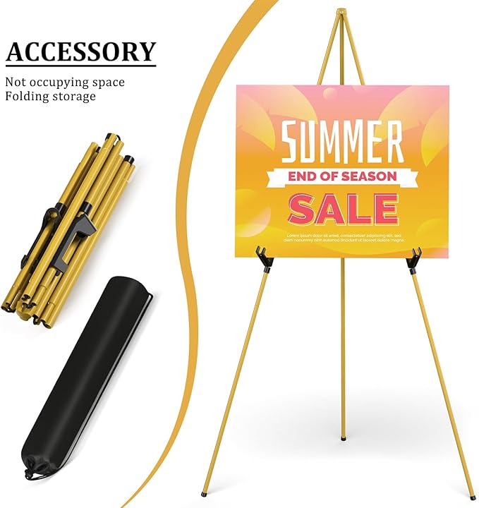 Display Artist Easel Stand - 63" Instant Tripod Collapsible Portable Floor Easel - Easy Folding Adjustable Art Poster Metal Stand for Display Show, Wedding, Painting - Gold