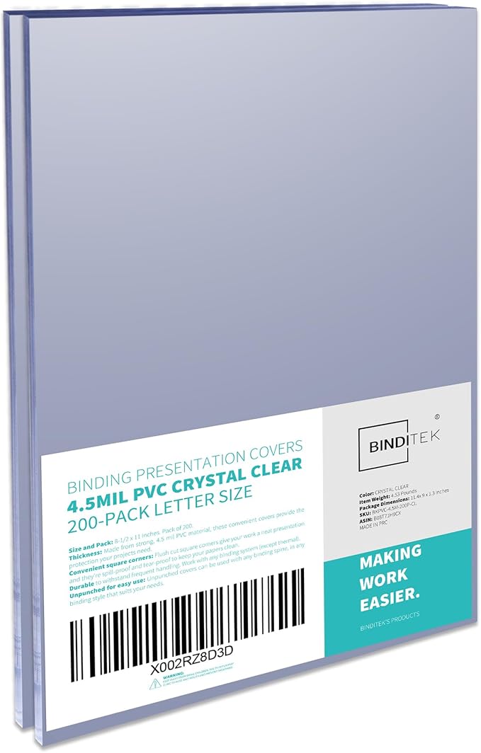 Binditek 200 Pack 4.5 Mil PVC Binding Covers, 8.5 x 11 Inches, Letter Size, Square Corners, Un-Punched, Office Supplies