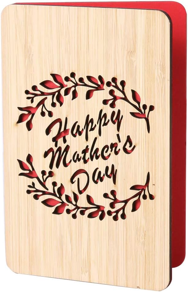 Mother's Day Gifts Card from Daughter or Son,Unique Card for Mum, Handmade Bamboo Wood Greeting Cards,Wooden Mother's Day Card,Laurel mom