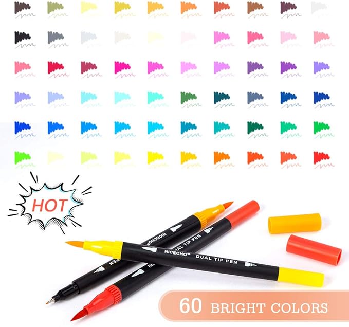 Art Markers Dual Brush Pens for Coloring, 60 Artist Colored Marker Set, Fine and Brush Tip Pen Art Supplier for Adult Coloring Books, Bullet Journaling, Drawing
