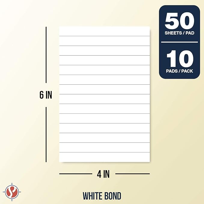 Memo Pads, White, With Black Lines – Lined Paper Notepads, Scratch Pad, Writing Pad for Planning, To-Do Lists, Appointments, Reminders, Home, Office – 50 Sheets Per Pad, 10 Pads per Pack – 4" x 6"