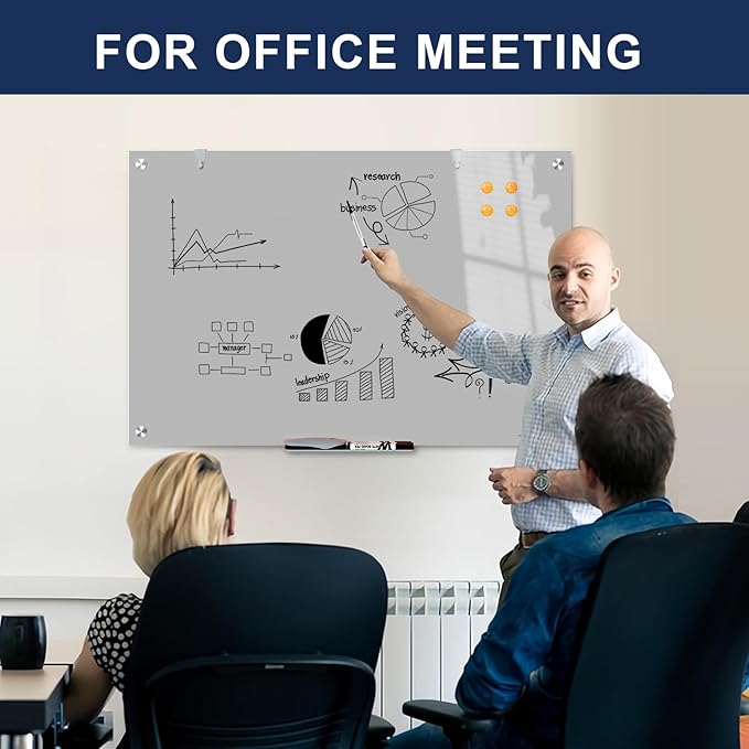 TSJ OFFICE Glass Dry-Erase Board - 36 x 24 Inches Wall Mounted Magnetic Whiteboard, Large Frameless Glass White Board for Office, Home & School, Gray