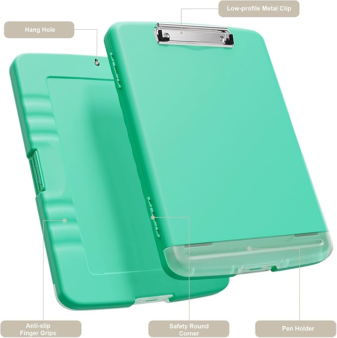 Piasoenc Clipboard with Storage, 8.5 x 11 Organization Box with Pen Holder and A4 Legal Paper Folder, Heavy Duty Plastic, Folio & Side-Opening, Low Profile Clip for Nurses, Teachers, Green