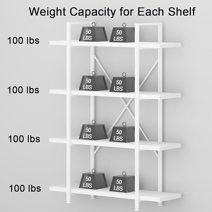 HSH 4 Tier White Bookshelf, Modern 4 Shelf Etagere Bookcase, Industrial Wood and Metal Storage Shelves and Display Book Rack, Farmhouse Open Wide Book Shelf for Bedroom Living Room Office, White Oak