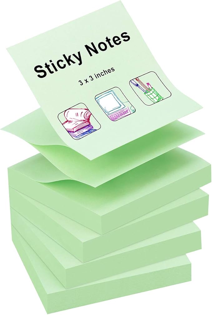 ZCZN 400 Sheets Pop-up Sticky Notes, 3 x 3 Inches, 4 Pads Bright Color Self-Stick Notes, 100 Sheets/Pad, Light Green