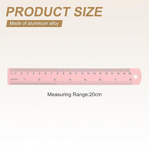 HARFINGTON 4pcs Metal Straight Ruler 20cm Metric SAE Aluminum Alloy Measuring Rulers Scale Tool with Hole for Measure Study Reading Classroom Office, Pink