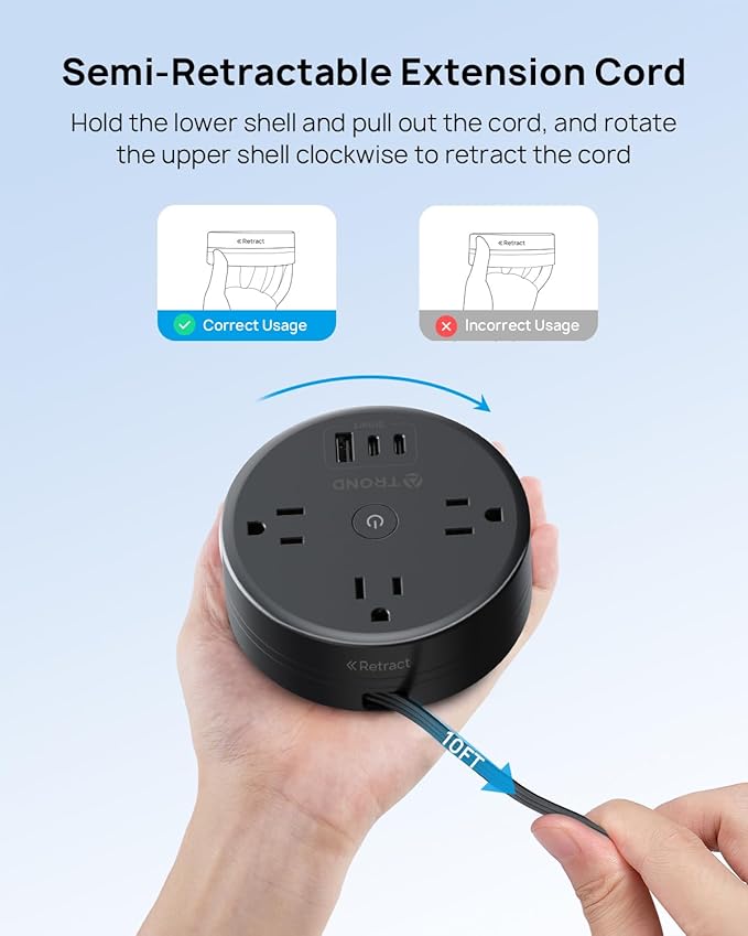 TROND Power Strip Flat Plug - Extension Cord 10FT Semi-Retractable, Power Strip with 3 AC Outlets 3 USB Ports (2 USB C), Ultra Thin Flat Plug, Cruise Ship Essentials, for Home, Hotel, Office