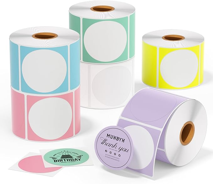 MUNBYN 2 Inch Circle Color Thermal Sticker Labels, Self-Adhesive Round Direct Thermal Labels, Multi-Purpose Roll Thermal Stickers for Business-4500 Labels/6 Rolls, 6 Colors