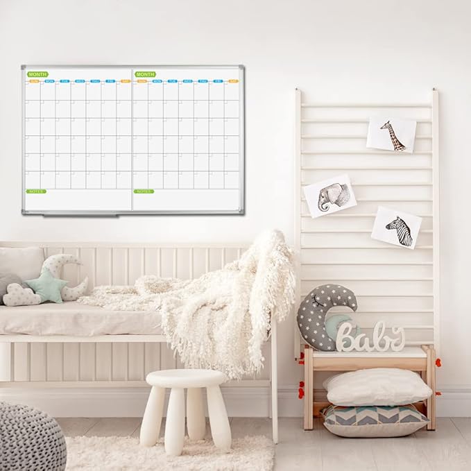 JILoffice Magnetic Dry Erase Calendar Whiteboard, 2 Month White Board Planner 36 X 24 Inch, Silver Aluminum Frame Wall Mounted Board for Office Home and School