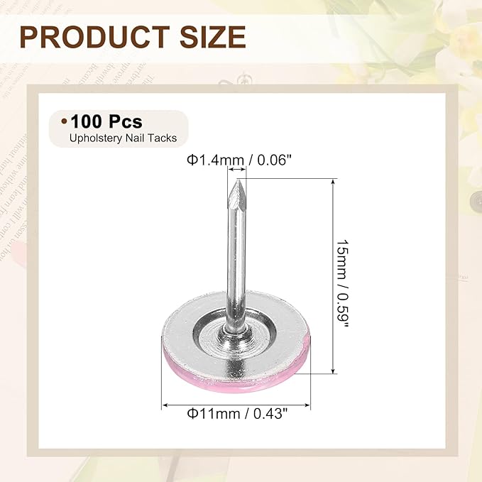 uxcell 100Pcs Upholstery Tacks, 11mmx15mm Flat Head Thumb Tack Decorative Furniture Nails Push Pins for Furniture Sofa Headboards, Pink