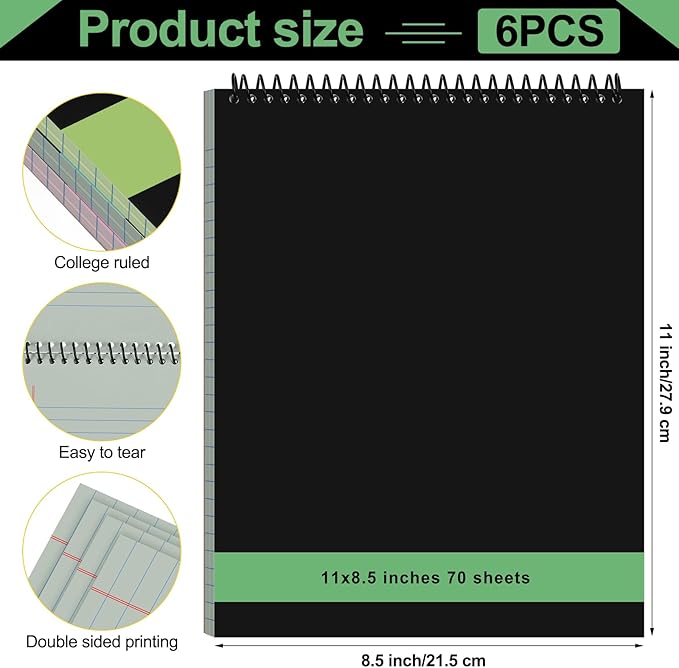 6 Pcs Legal Pad Top Spiral Bound Notebook 70 Sheets Wirebound Notepad Double Sided Ruled Memo Steno Book with Stiff Back Cover for Business(8.5 x 11 Inches,No Holes,Neutral Color)
