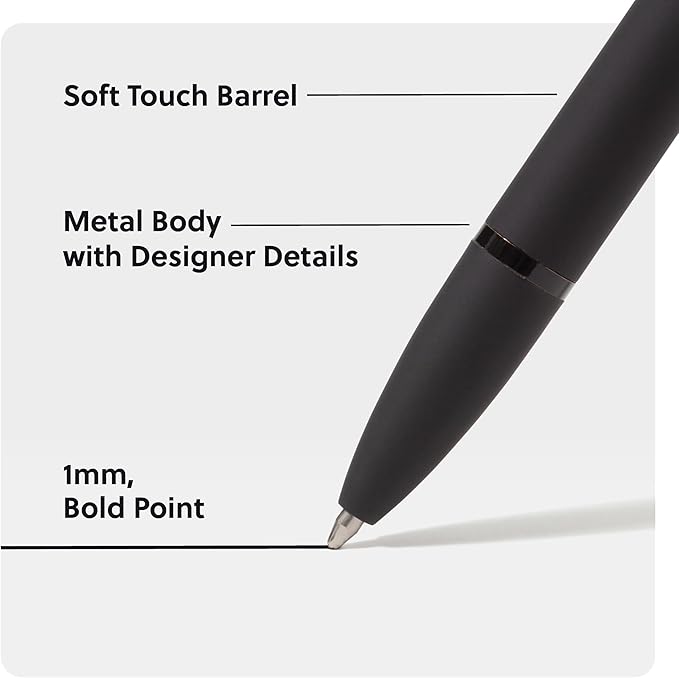 U Brands Midnight Monterey Ballpoint Pens, 4 Count, Black Soft Touch, Painted Black Details, Bold (1.0 mm) Point, Black Ink
