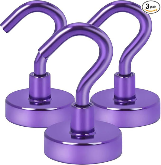 DIYMAG Magnetic Hooks Heavy Duty, 30Lbs Rare Earth Neodymium Magnet Hooks with Nickel Coating for Kitchen, Garage, Cruise, Classroom, Workplace and Office etc, (Purple，Pack of 3)