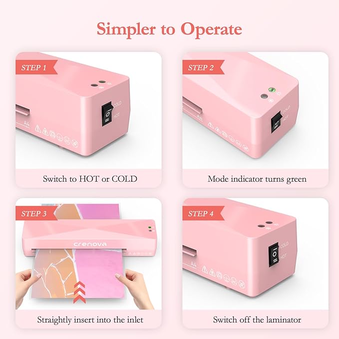 Crenova A4 Laminator Machine 4 in 1 Personal Desktop Hot & Cold with 10 Laminating Pouches No Bubbles 9 Inch Thermal Laminator for Home Office School Business Use Pink