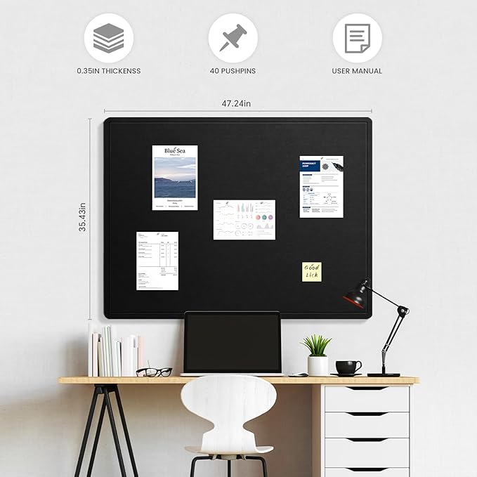 Large Bulletin Board, 48 X 36 Inches Felt Cork Board with 40 Pushpins, Foldable Felt Notice Pin Board Photo Display Board with Self-Adhesive Tape for Office Home School
