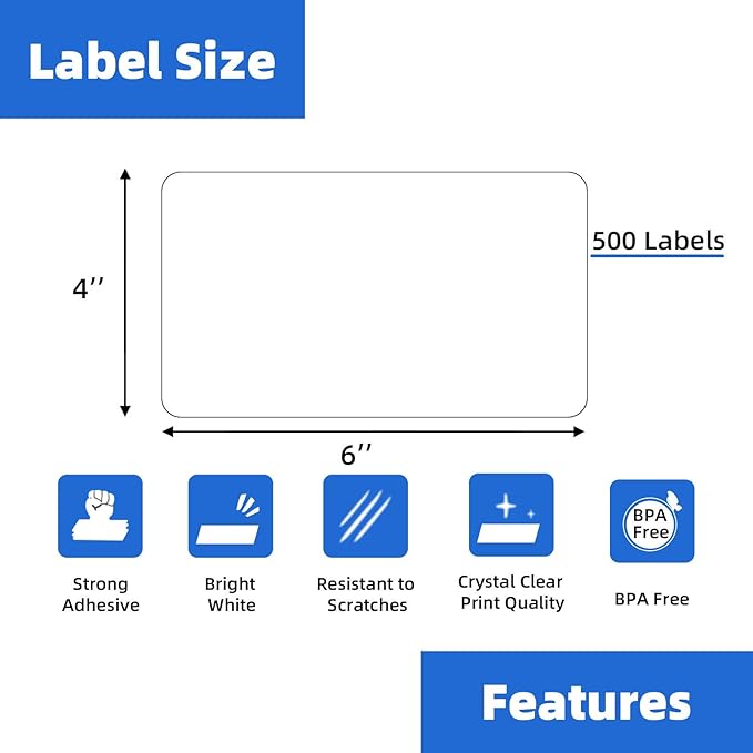 4" x 6" Fanfold Direct Thermal Labels, 500 Labels per Stack, 4 Stacks, White Perforated, Permanent Adhesive - Shipping Label Compatible for Zebra, Rollo, MUNBYN Thermal Printer