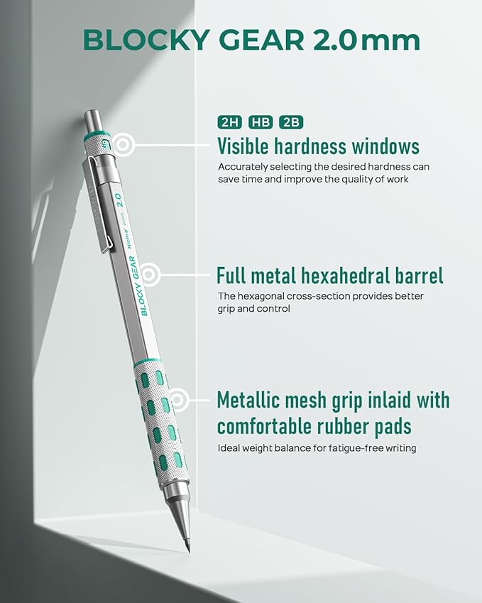 Nicpro 2mm Mechanical Pencils in Case, 3 Pack Blocky Gear Metal Drafting Lead Holder with 13 Tubes 2mm Lead Refills (HB 2B 2H 4B 4H 6B & Colors), Erasers for Carpenter Writing Drawing Woodworking
