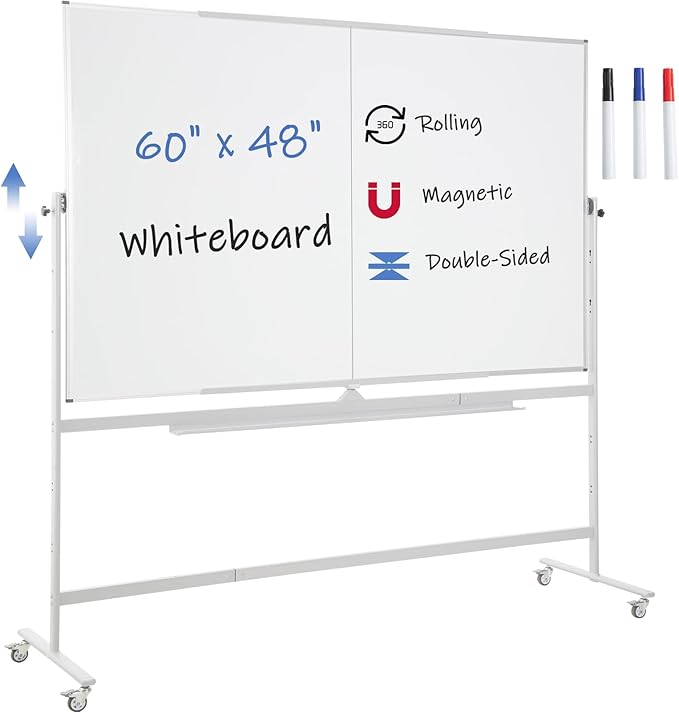 FORTUNO Large Magnetic Mobile Whiteboard 60"x48", Rolling Double Sided Stand Whiteboard on Wheels, Reversible Adjustable Height/Angle Dry Erase Board 5' x 4' Easel White Board for Office Classroom
