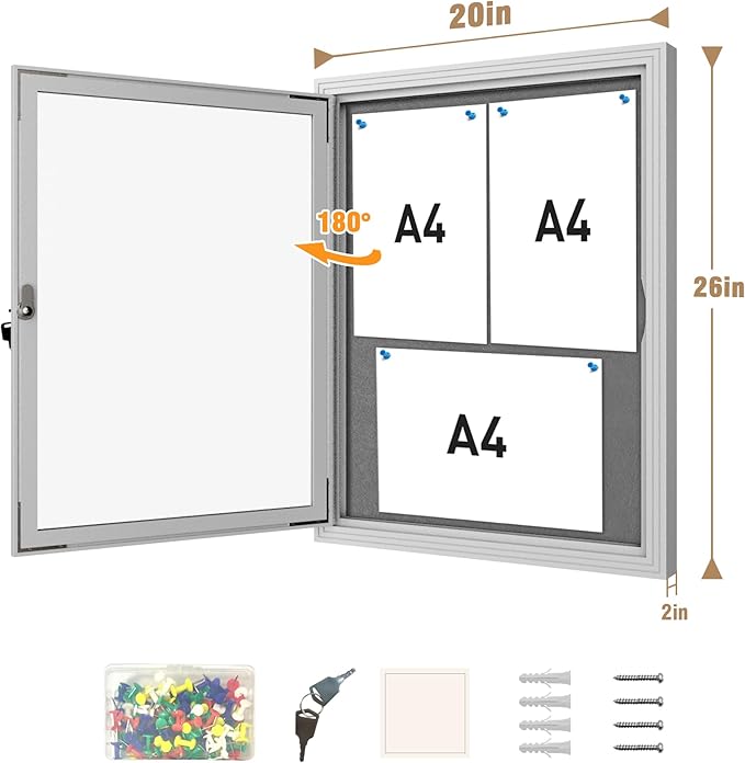 26"x20" Enclosed Bulletin Board, Outdoor Lockable Weather-Resistant Aluminum Cork Noticeboard for School & Office, Silver Frame w/Grey Flet