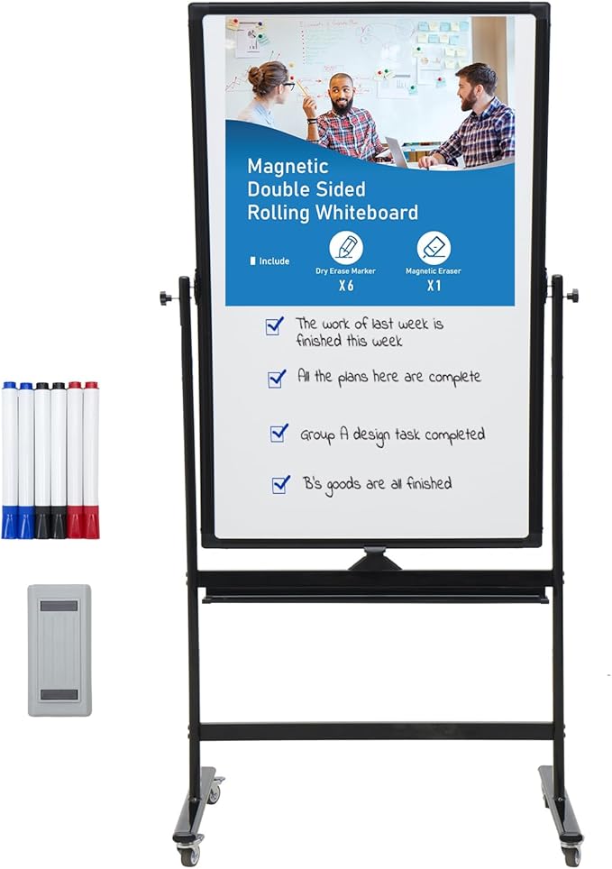 40" x 28" Double-Sided Mobile Whiteboard with Wheels | Rolling Magnetic Dry Erase Board on Stand | Adjustable Height Black Frame White Board for Office, Classroom & Home