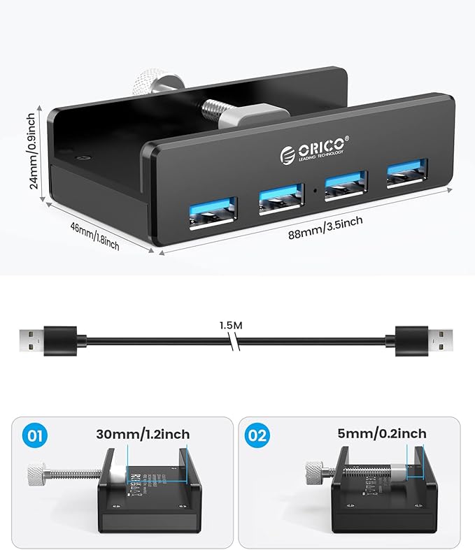 ORICO USB 3.0 Hub, USB Hub Clamp, Aluminum 4-Port USB Splitter with 4.92 FT USB Data Cable, Desktop Powered USB Hub for Monitors/Desks-Black (Without Power Adapter)