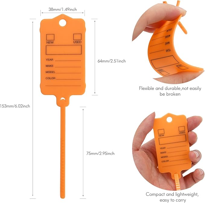 50 Car Key Tags with Labels Plastic Car Dealership Key Tags Self Locking Automotive Identifiers Blank Shop Labels with One Pen (Orange)