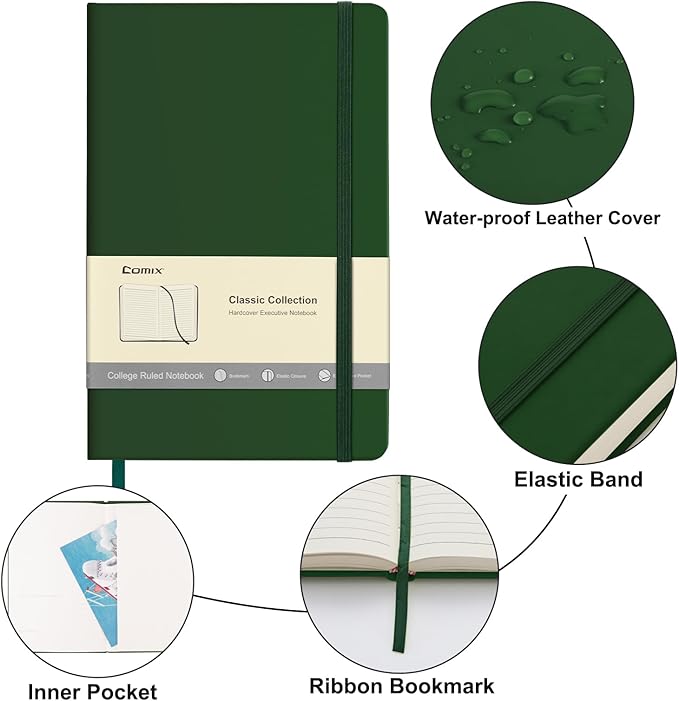 Comix 6 Pack Lined Journal Notebooks for Work, 240 Pages, 5.5"x8.3", Dark Green, Hardcover, A5 Medium College Ruled, Journaling Notebooks for Notes-taking, Fits for Office School Home