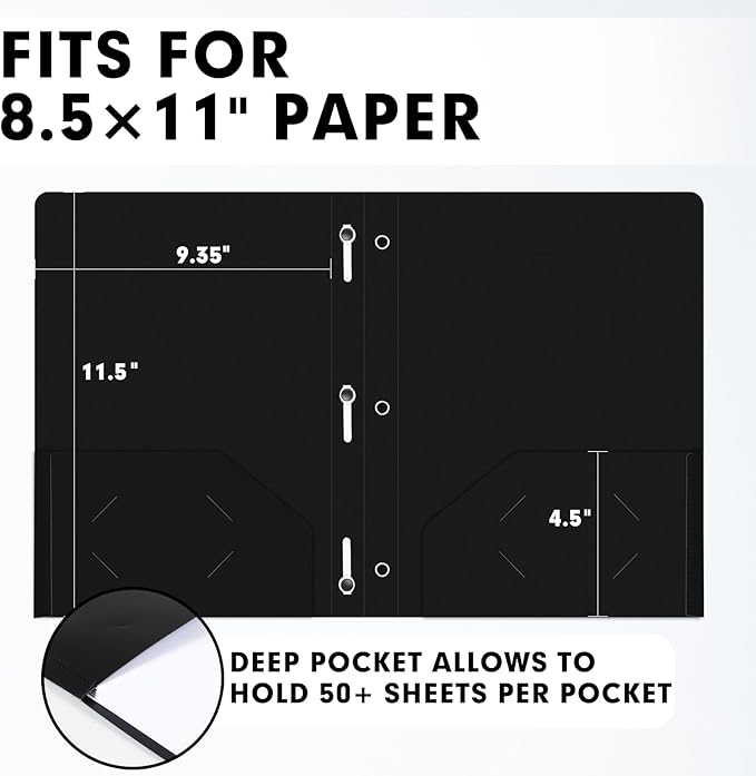 Plastic 2 Pocket Folders with Prongs, 30 Pack, Heavyweight, Letter Size Poly Folders with 3 Metal Prongs Fastener Clips (Black)